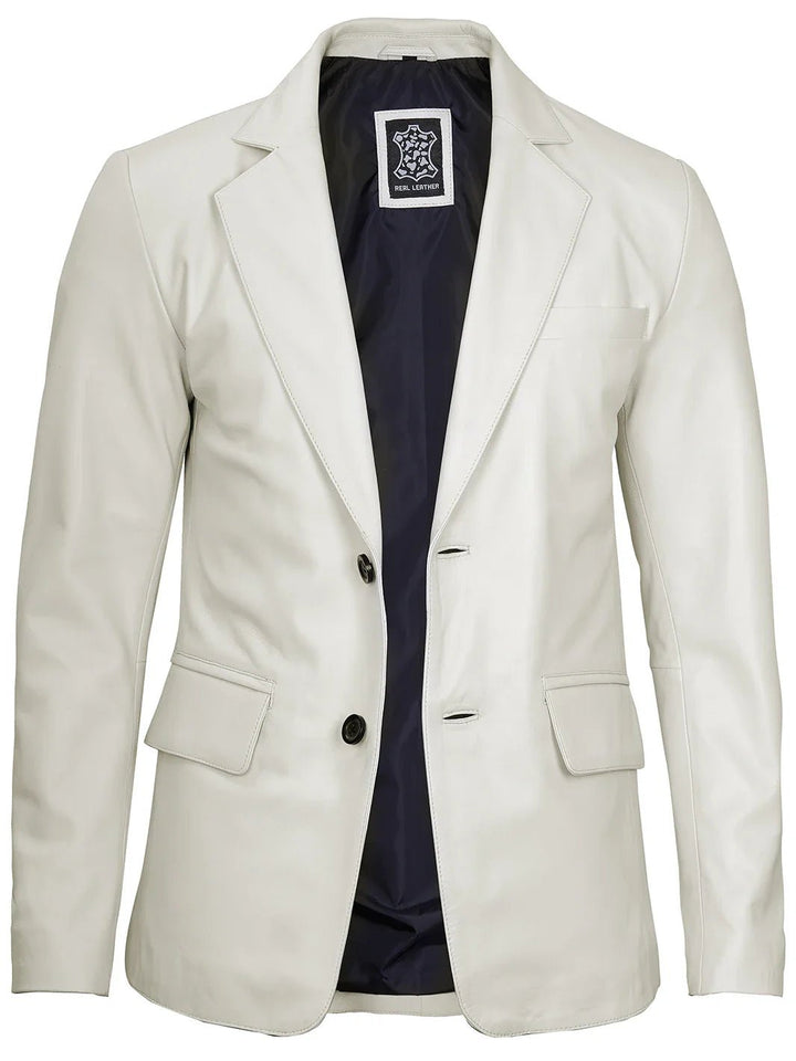Mens Two Buttons Off White Leather Blazer - Rare Leather