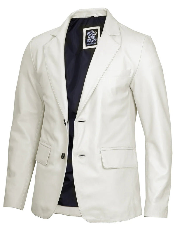 Mens Two Buttons Off White Leather Blazer - Rare Leather