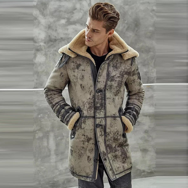 Men's Waxed B3 RAF Flying Double Collar Sheepskin Shearling Leather Long Jacket Coat - Rare Leather