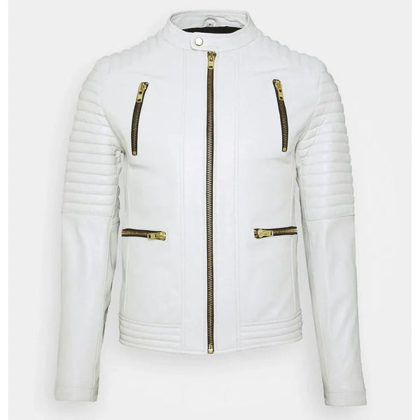 Men's White Leather Biker Jacket - Rare Leather