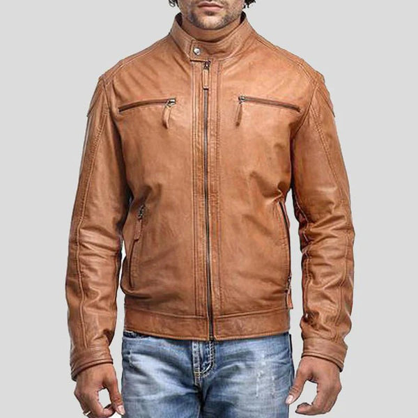 Mens Zipper Pockets Leather Motorcycle Jacket - Rare Leather