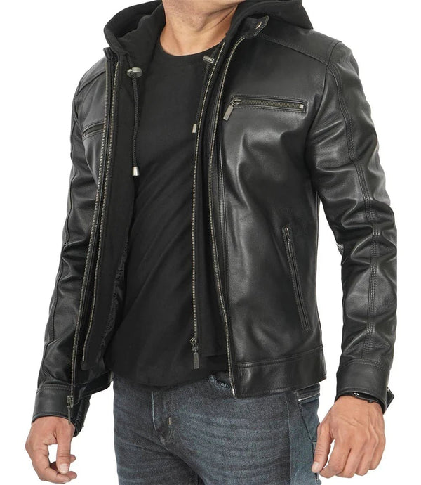 Merrill Men's Black Cafe Racer Hooded Leather Jacket - Rare Leather