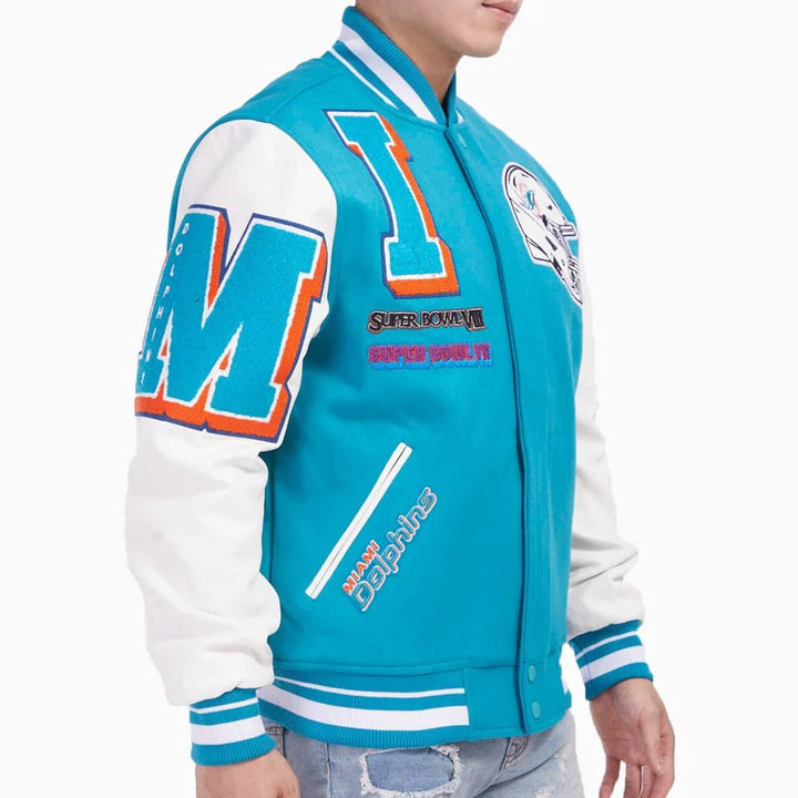 Miami Dolphins NFL Mash Up Rib Wool Varsity Jacket - Rare Leather