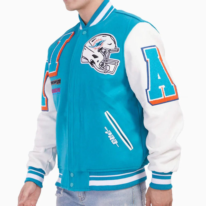 Miami Dolphins NFL Mash Up Rib Wool Varsity Jacket - Rare Leather