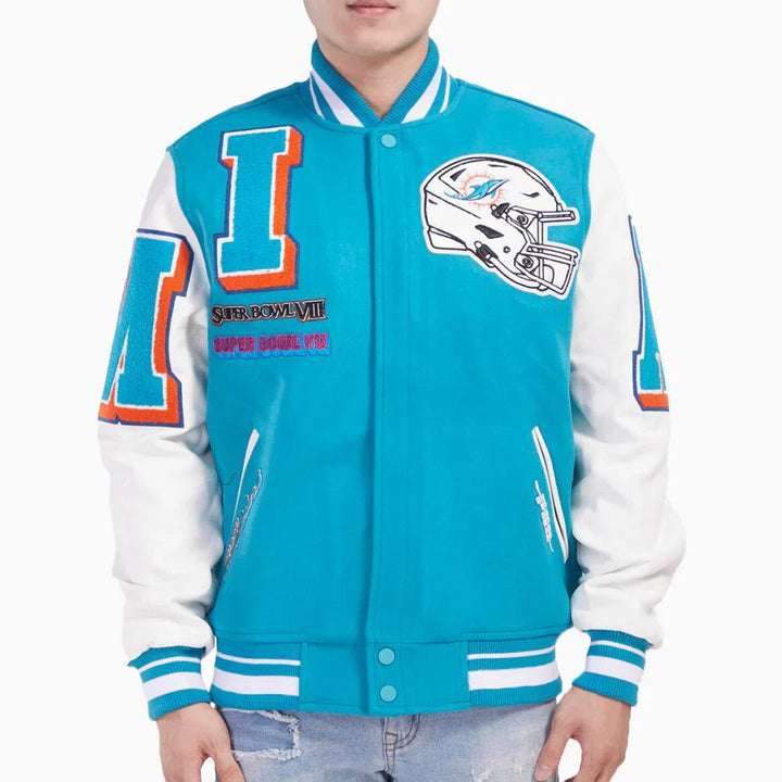 Miami Dolphins NFL Mash Up Rib Wool Varsity Jacket - Rare Leather