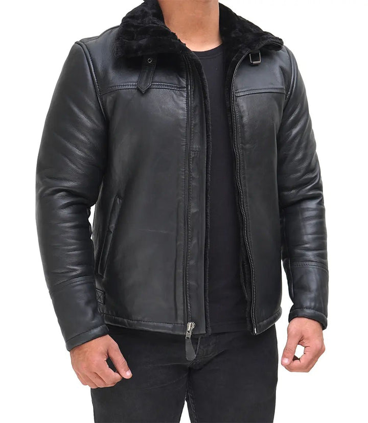 Mitchel Men's Black Shearling Leather Bomber Jacket - Rare Leather
