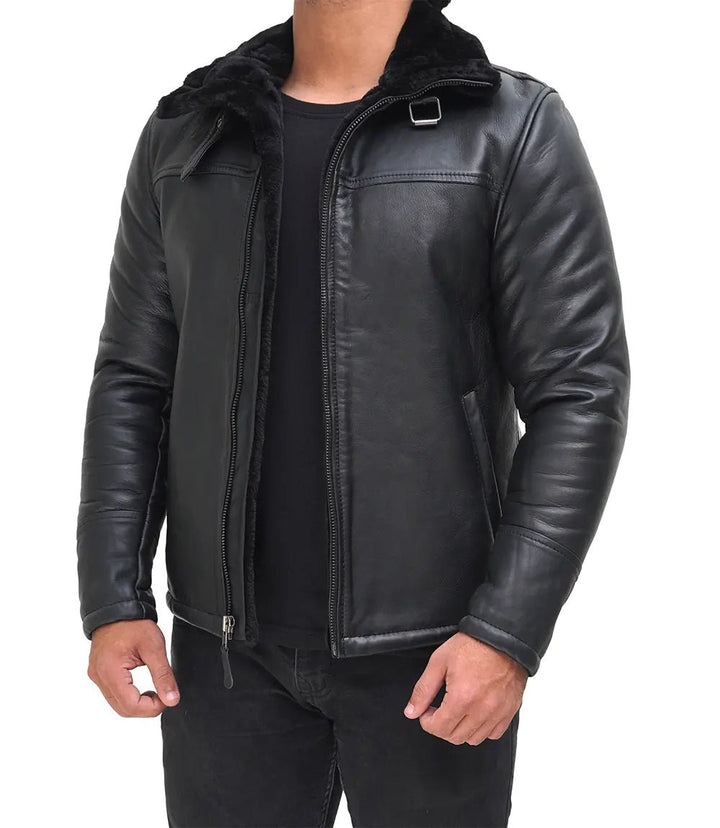 Mitchel Men's Black Shearling Leather Bomber Jacket - Rare Leather