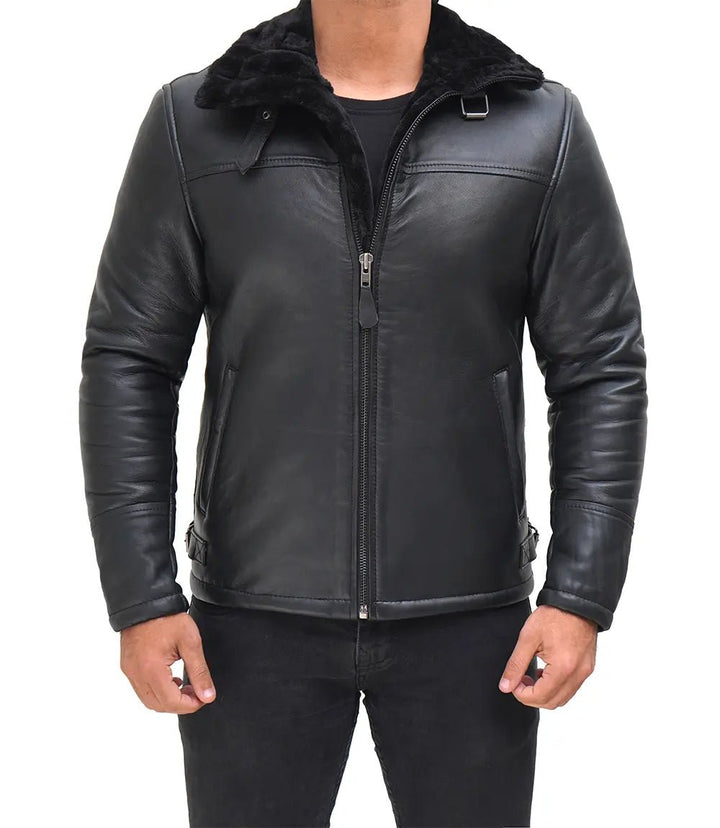 Mitchel Men's Black Shearling Leather Bomber Jacket - Rare Leather