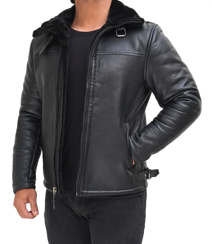 Mitchel Men's Black Shearling Leather Bomber Jacket - Rare Leather