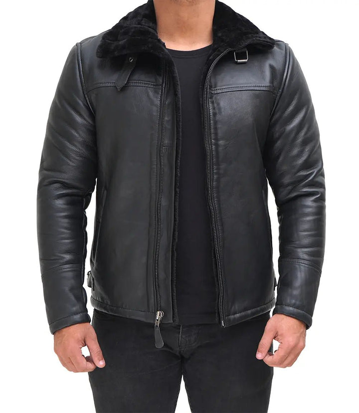 Mitchel Men's Black Shearling Leather Bomber Jacket - Rare Leather