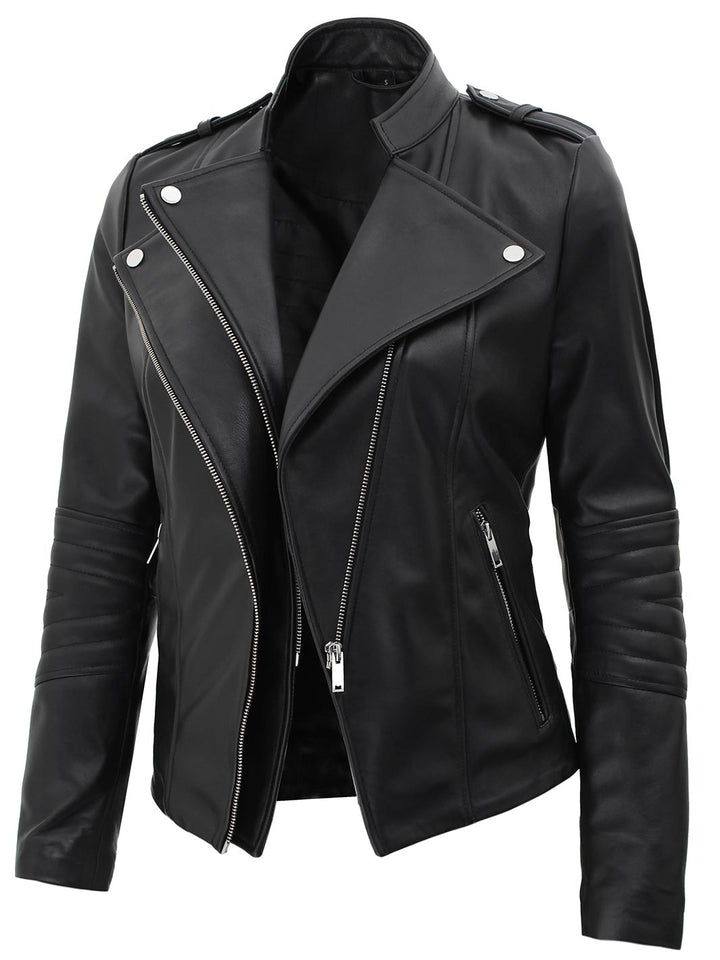 Monica Women's Black Asymmetrical Leather Jacket - Rare Leather