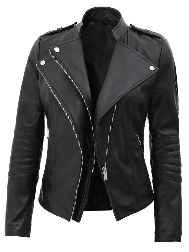 Monica Women's Black Asymmetrical Leather Jacket - Rare Leather