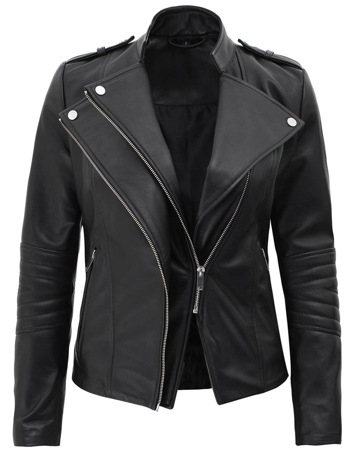 Monica Women's Black Asymmetrical Leather Jacket - Rare Leather