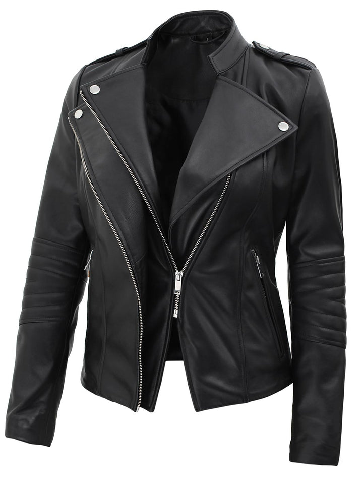 Monica Women's Black Asymmetrical Leather Jacket - Rare Leather