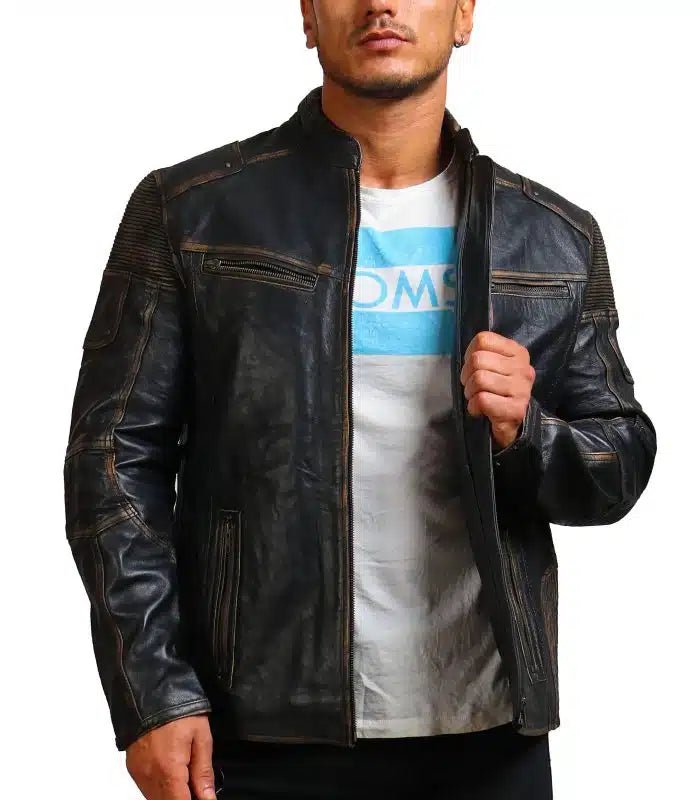 Moto Distressed Black Vintage Cowhide Leather Jacket - Rare Leather