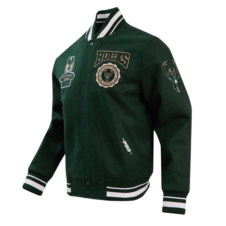NBA MILWAUKEE BUCKS CREST EMBLEM RIB WOOL VARSITY JACKET - Rare Leather