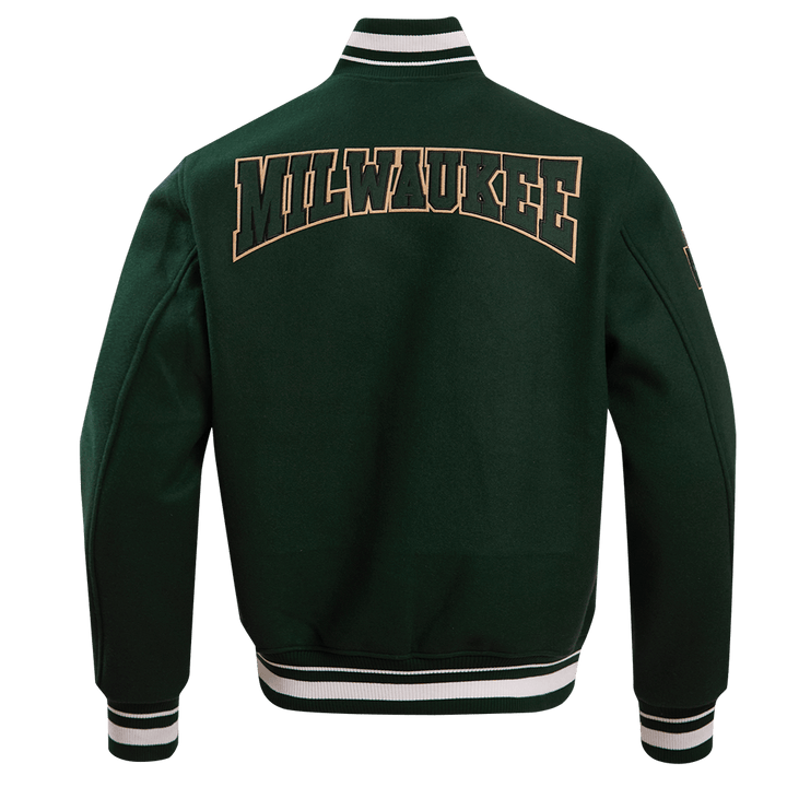 NBA MILWAUKEE BUCKS CREST EMBLEM RIB WOOL VARSITY JACKET - Rare Leather
