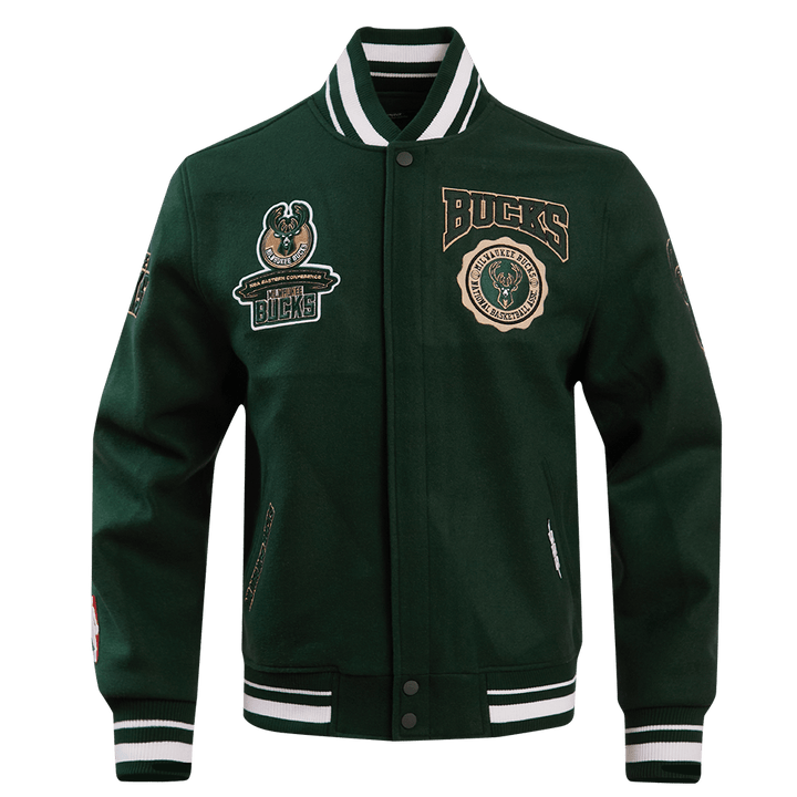 NBA MILWAUKEE BUCKS CREST EMBLEM RIB WOOL VARSITY JACKET - Rare Leather