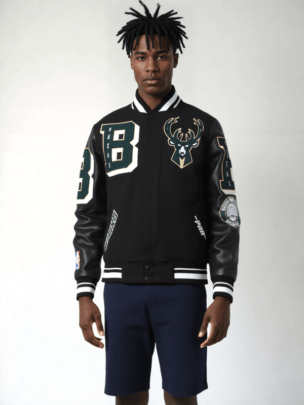 NBA Milwaukee Bucks Mashup Men's Rib Wool Varsity Jacket - Rare Leather