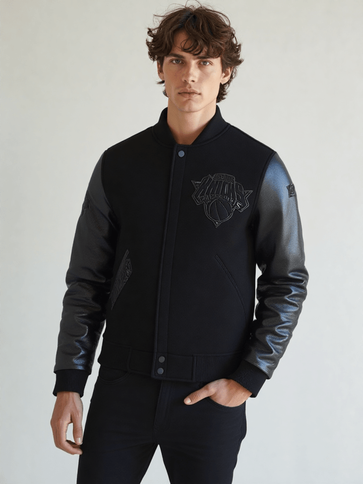 NBA New York Knicks Triple Black Men's Varsity Jacket - Rare Leather