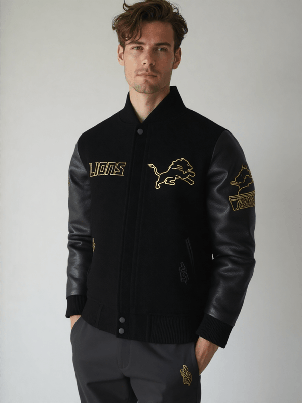 NFL Detroit Lions Black & Gold Men's Wool Varsity Jacket - Rare Leather