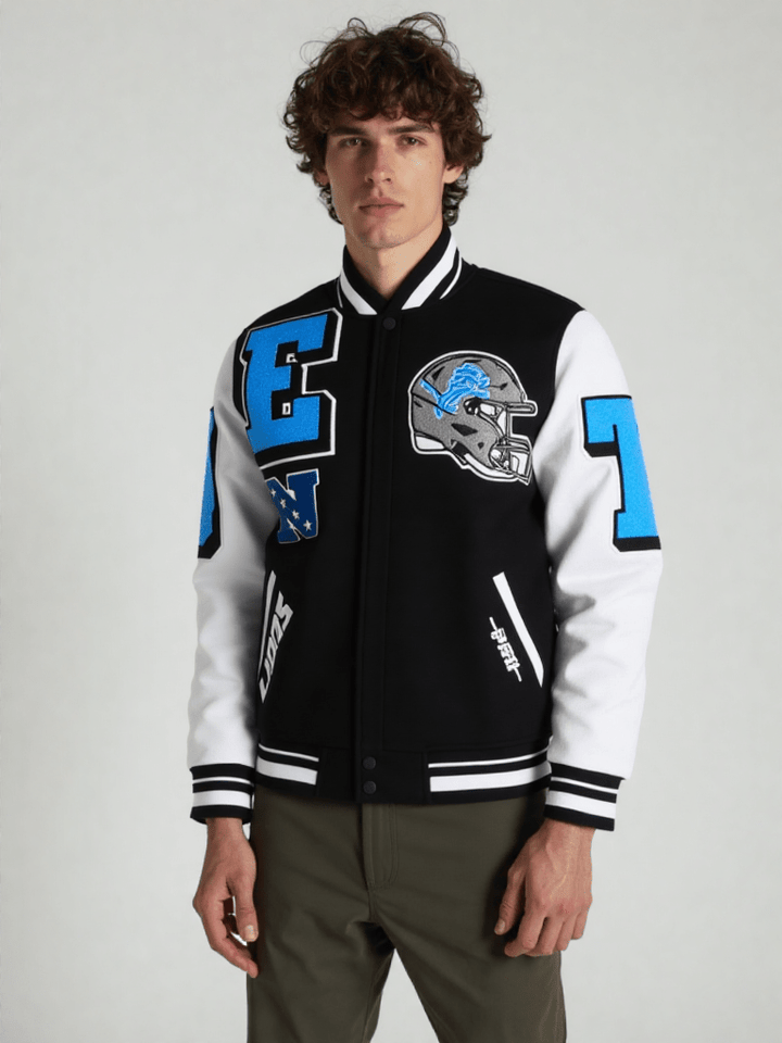 NFL Detroit Lions Mashup Men's Rib Wool Varsity Jacket - Rare Leather