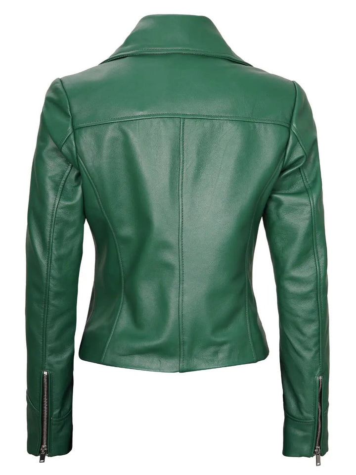 Ninfa Women's Asymmetrical Biker Green Leather Jacket - Rare Leather