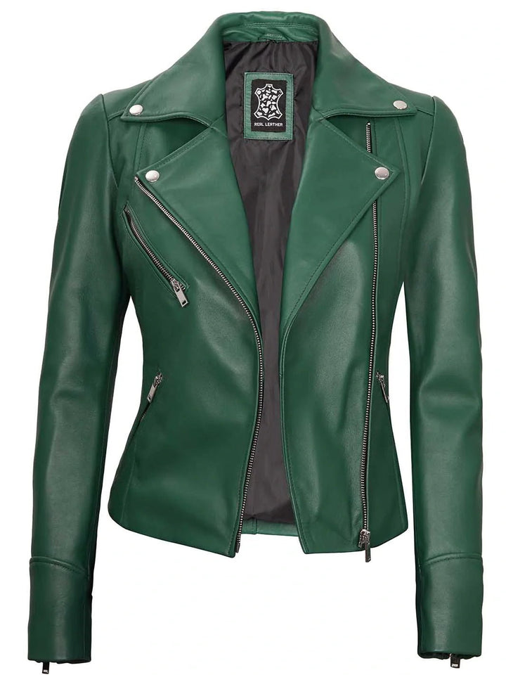 Ninfa Women's Asymmetrical Biker Green Leather Jacket - Rare Leather