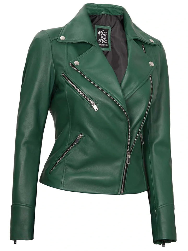 Ninfa Women's Asymmetrical Biker Green Leather Jacket - Rare Leather