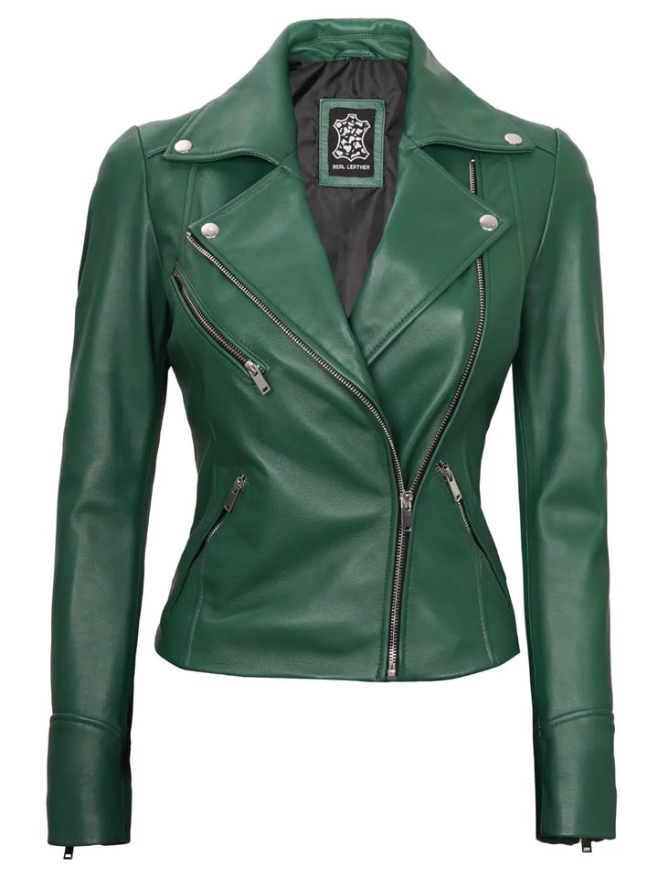 Ninfa Women's Asymmetrical Biker Green Leather Jacket - Rare Leather