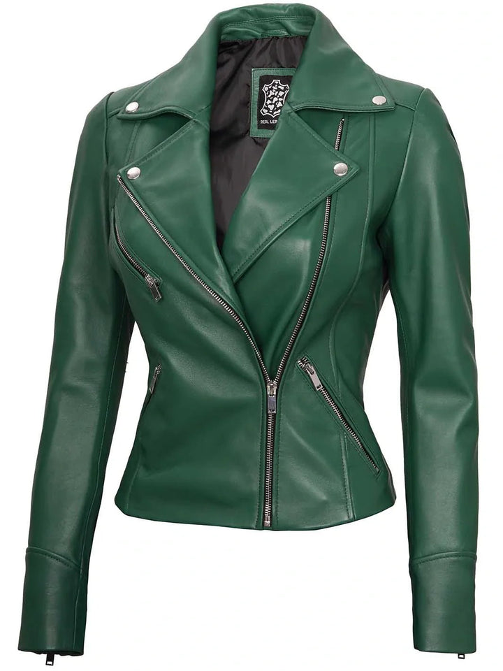 Ninfa Women's Asymmetrical Biker Green Leather Jacket - Rare Leather
