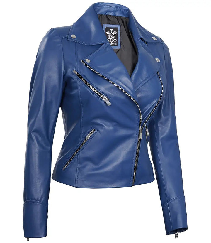 Ninfa Women's Blue Asymmetrical Biker Leather Jacket - Rare Leather