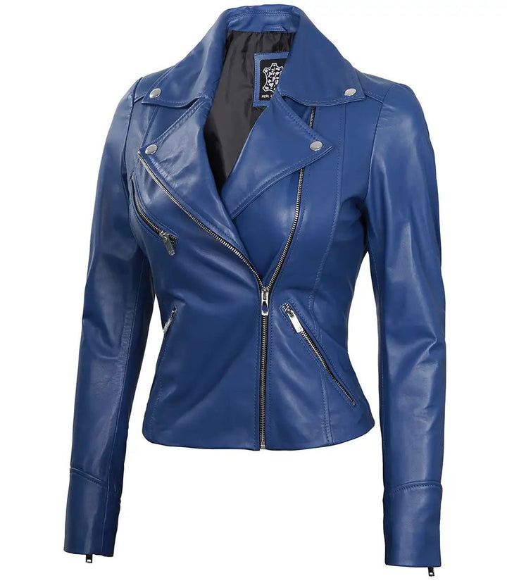 Ninfa Women's Blue Asymmetrical Biker Leather Jacket - Rare Leather