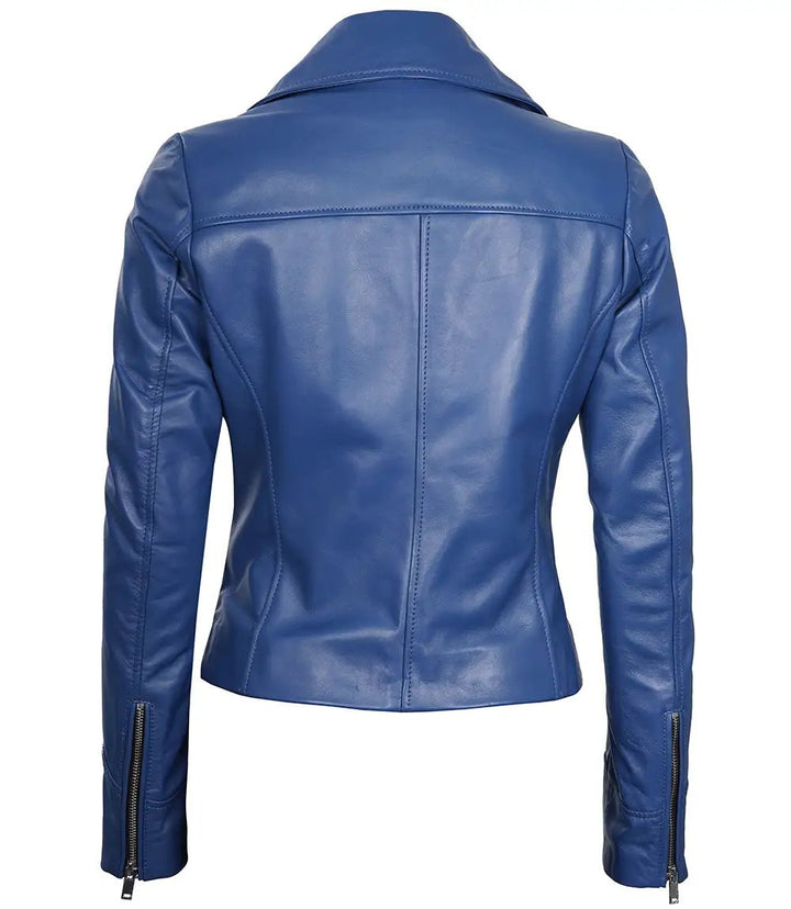 Ninfa Women's Blue Asymmetrical Biker Leather Jacket - Rare Leather
