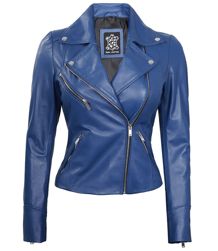 Ninfa Women's Blue Asymmetrical Biker Leather Jacket - Rare Leather