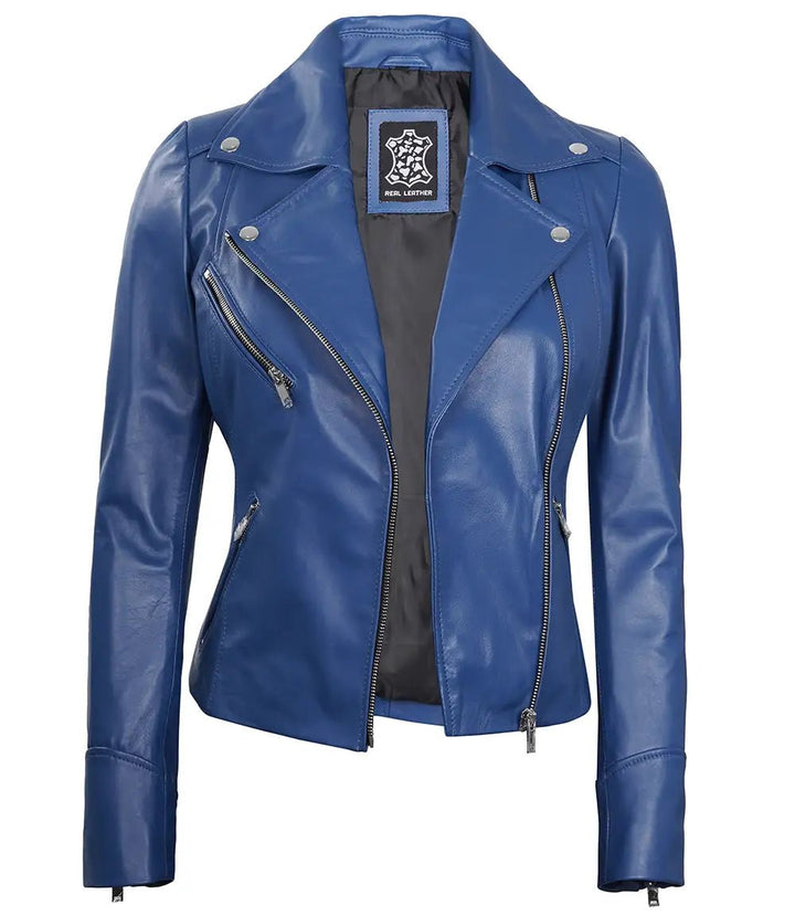 Ninfa Women's Blue Asymmetrical Biker Leather Jacket - Rare Leather