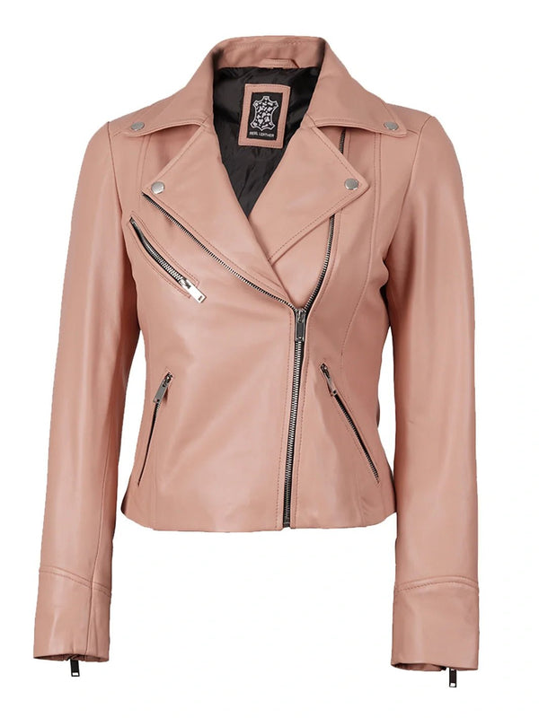 Ninfa Women's Pink Asymmetrical Biker Leather Jacket - Rare Leather