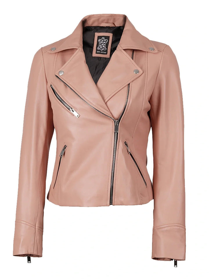 Ninfa Women's Pink Asymmetrical Biker Leather Jacket - Rare Leather