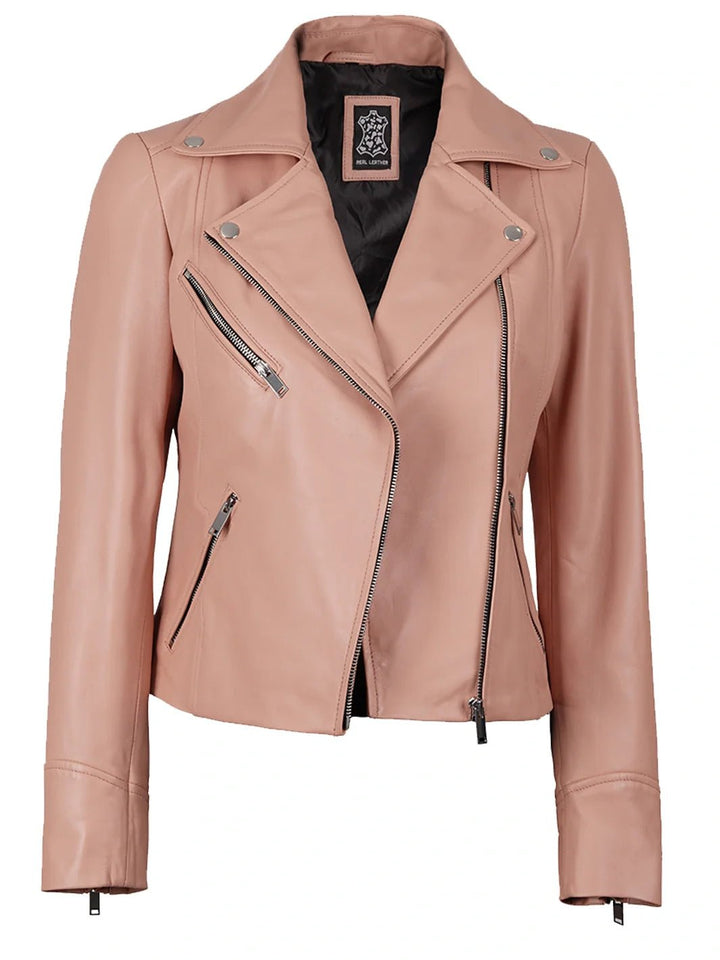 Ninfa Women's Pink Asymmetrical Biker Leather Jacket - Rare Leather