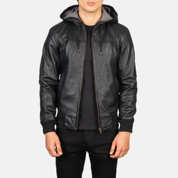 Nintenzo Black Hooded Leather Bomber Jacket - Rare Leather