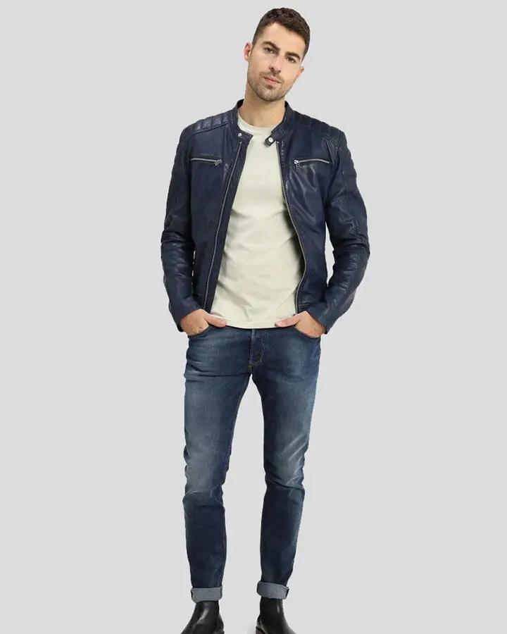 Olin Blue Biker Leather Jacket - Rare Leather