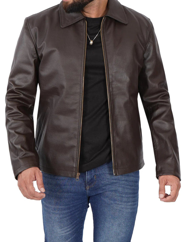Parrish Dark Brown Shirt Collar Cowhide Mens Leather Jacket - Rare Leather
