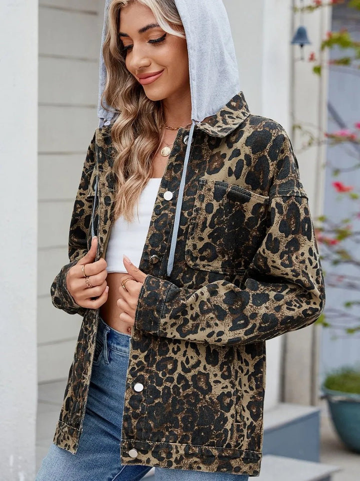 Pocketed Leopard Long Sleeve Denim Jacket - Rare Leather