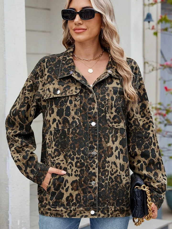 Pocketed Leopard Long Sleeve Denim Jacket - Rare Leather