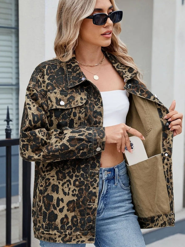 Pocketed Leopard Long Sleeve Denim Jacket - Rare Leather