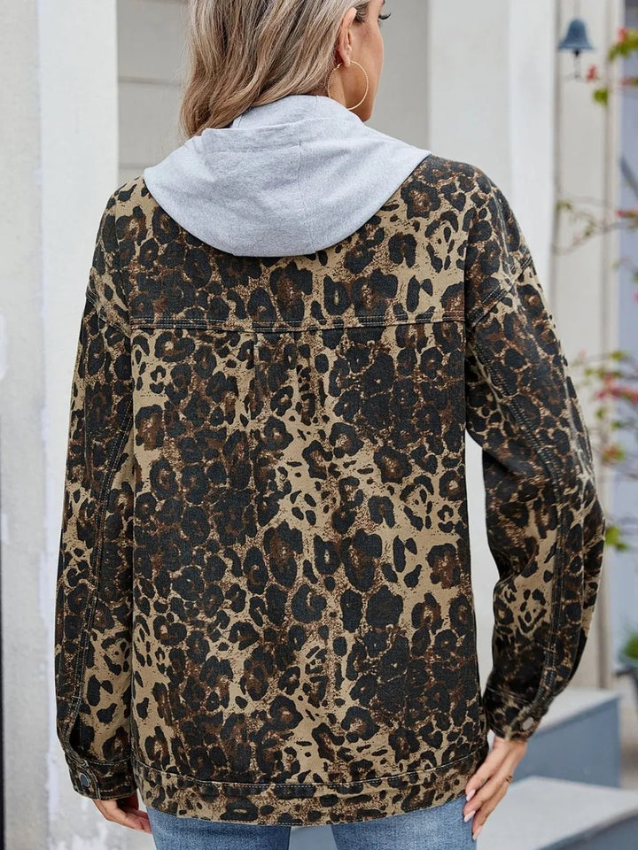 Pocketed Leopard Long Sleeve Denim Jacket - Rare Leather