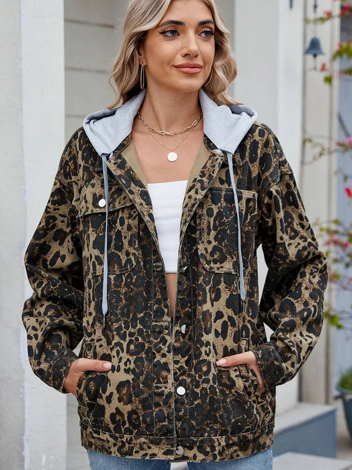 Pocketed Leopard Long Sleeve Denim Jacket - Rare Leather