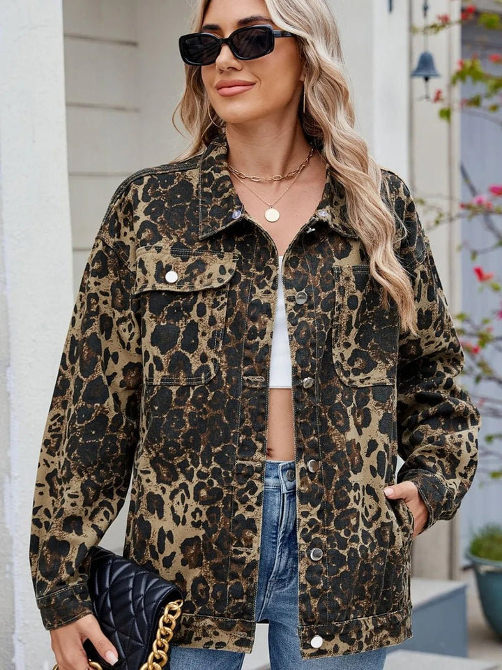 Pocketed Leopard Long Sleeve Denim Jacket - Rare Leather