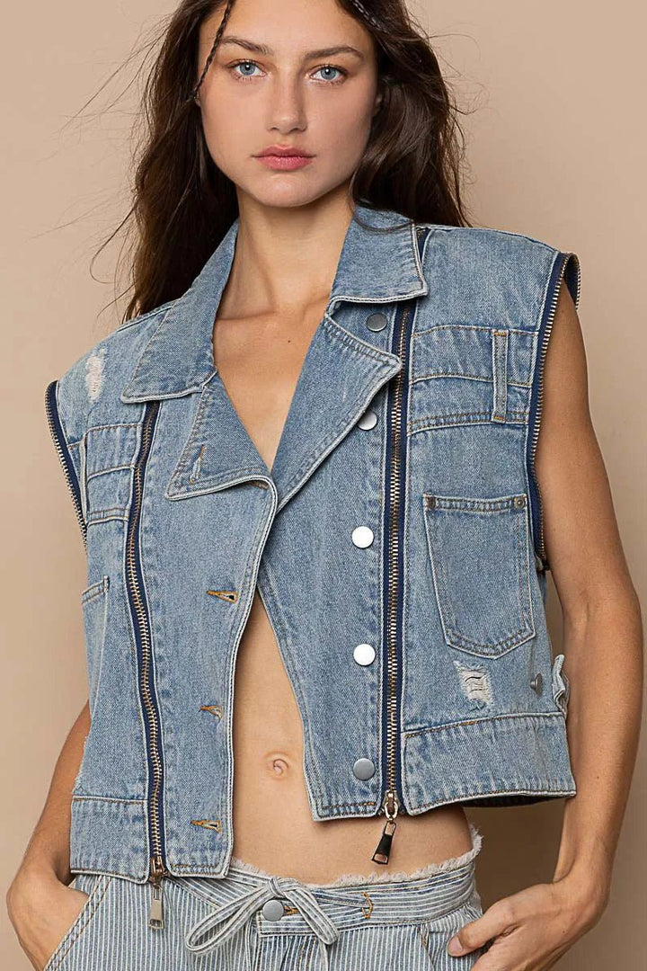POL Cropped Denim Jacket with Functional Zipper Detail - Rare Leather