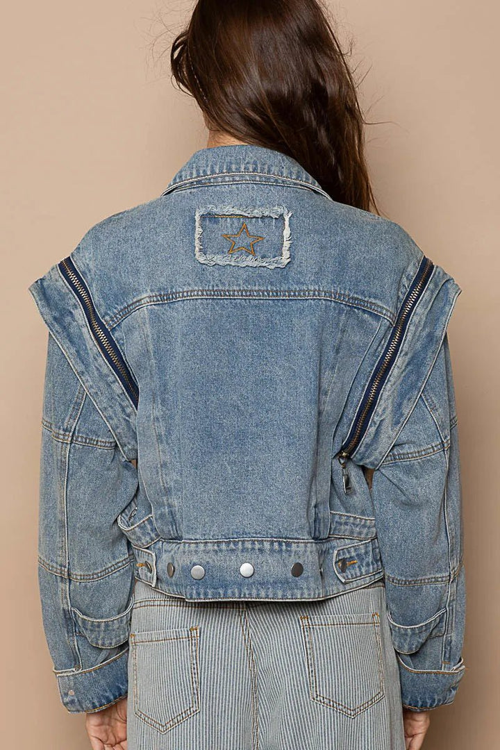 POL Cropped Denim Jacket with Functional Zipper Detail - Rare Leather
